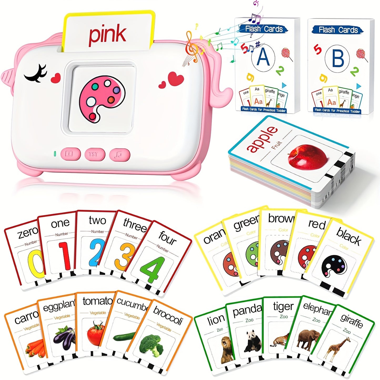 PINDAR Baby Flash Cards & Learning Machine with 160 Words, Interactive Voice Learning, Portable Educational Toy for Toddlers 1-4 Years, Classroom & Home Use, Birthday/Christmas Gift (Pink/Green) - Early Childhood Development, Playful Design